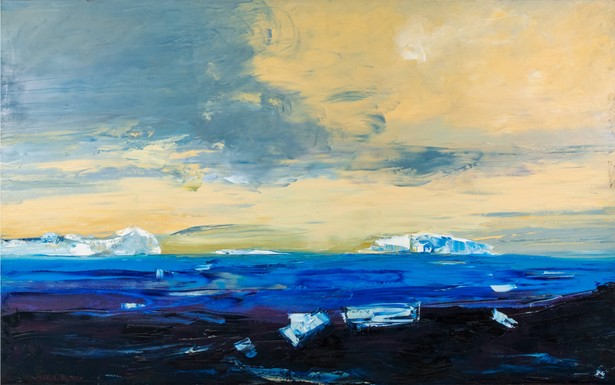 Abstract arctic painted landscape with dark blue and black water with shards of ice along and a bright blue and yellow sky.